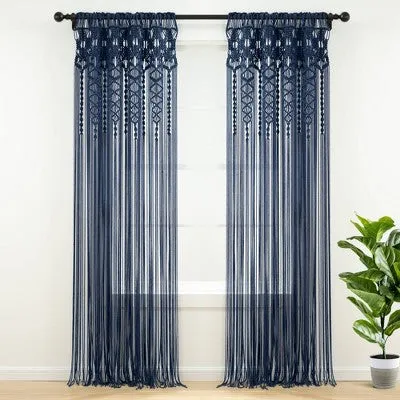 New - 84"x40" Boho Macrame Textured Cotton Window Curtain Panel Navy - Lush Décor