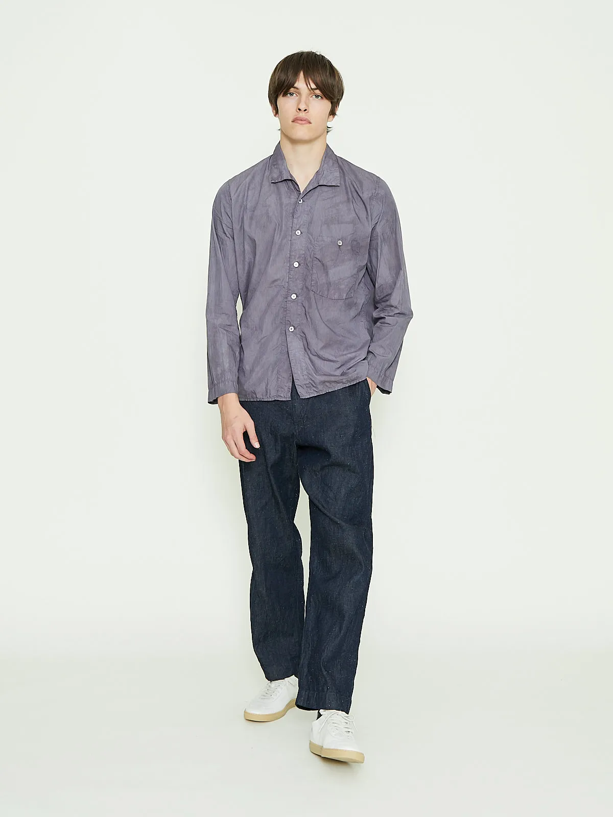 Open Collar Shirt in Blue Stripe Anthracite Wash