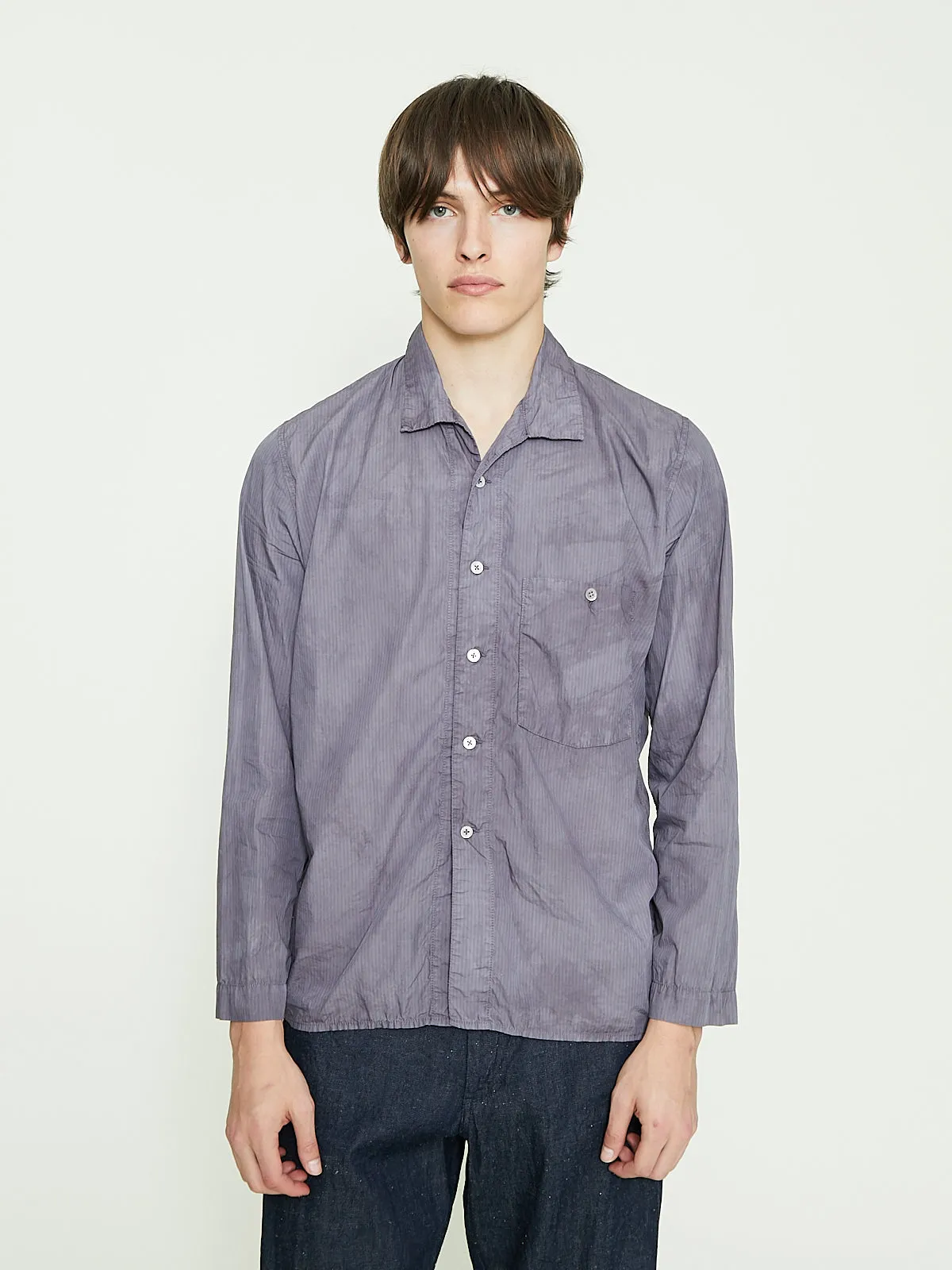 Open Collar Shirt in Blue Stripe Anthracite Wash