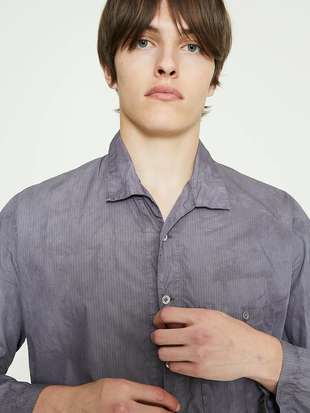 Open Collar Shirt in Blue Stripe Anthracite Wash