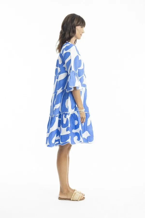 Orientique Print Linen 3/4 Sleeve Layered Dress