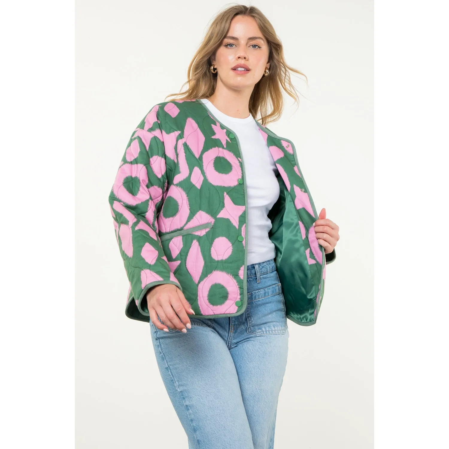 Pink & Green Abstract Quilted Jacket