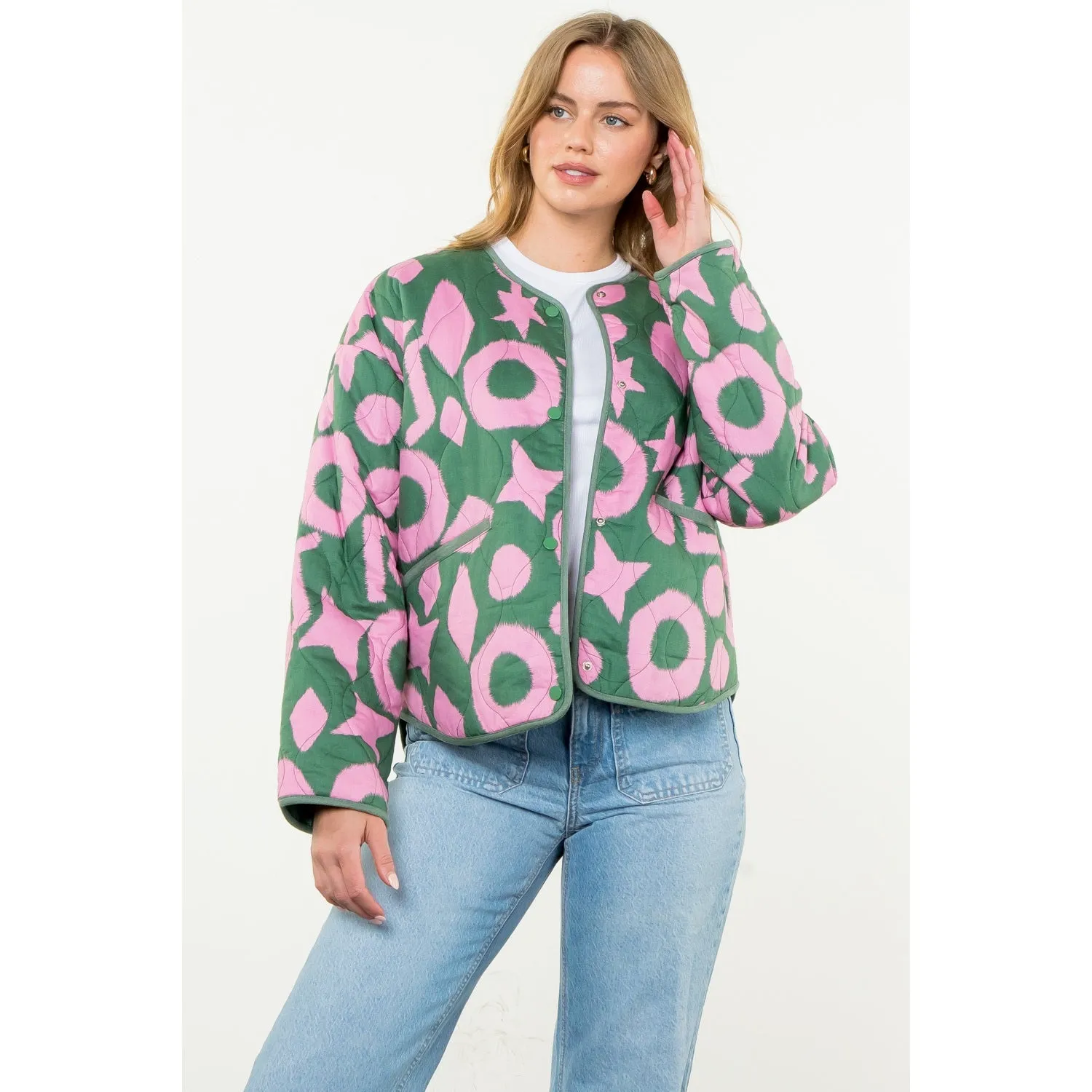 Pink & Green Abstract Quilted Jacket