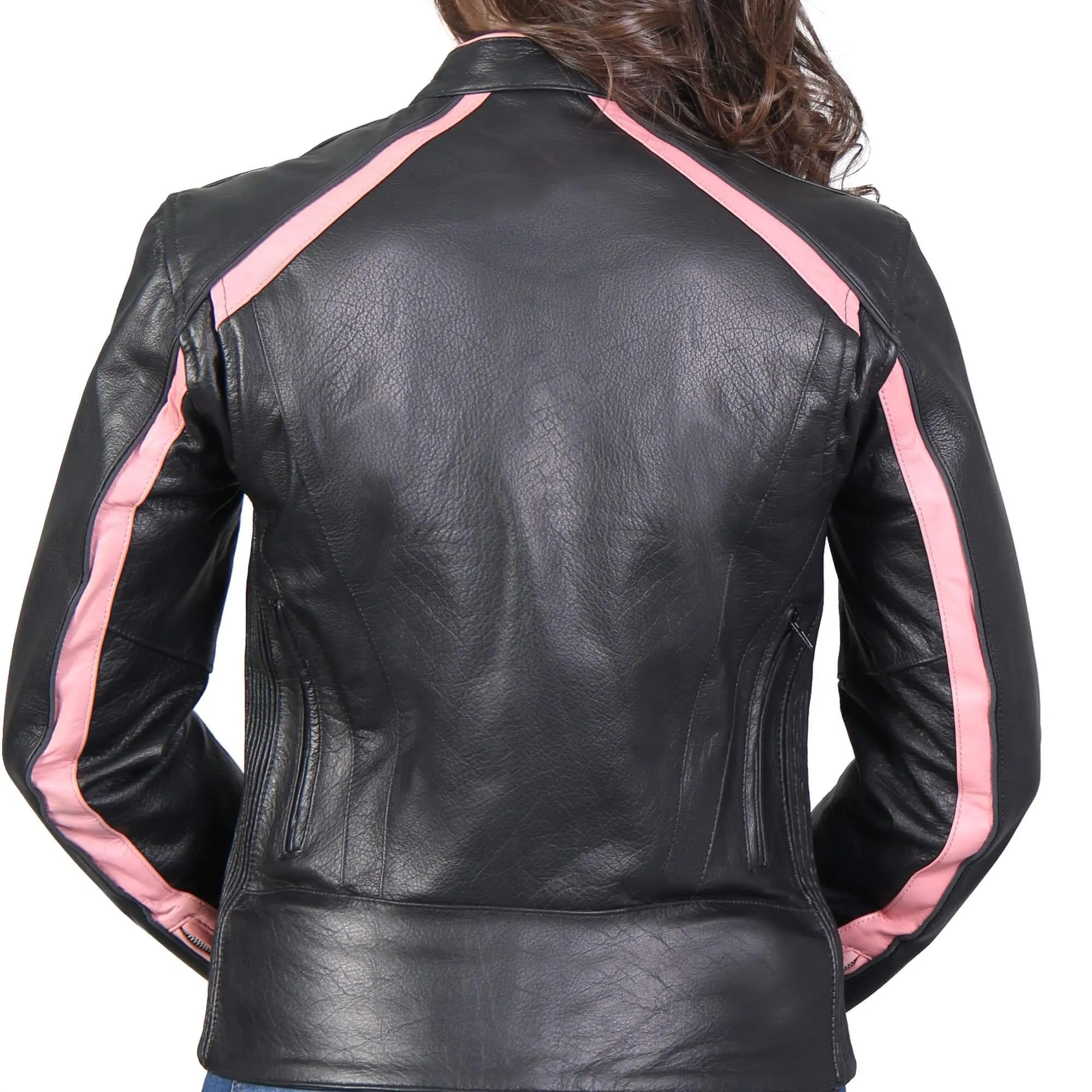 Pink Striped Leather Jacket with Reflective Piping, JKL1022-HL