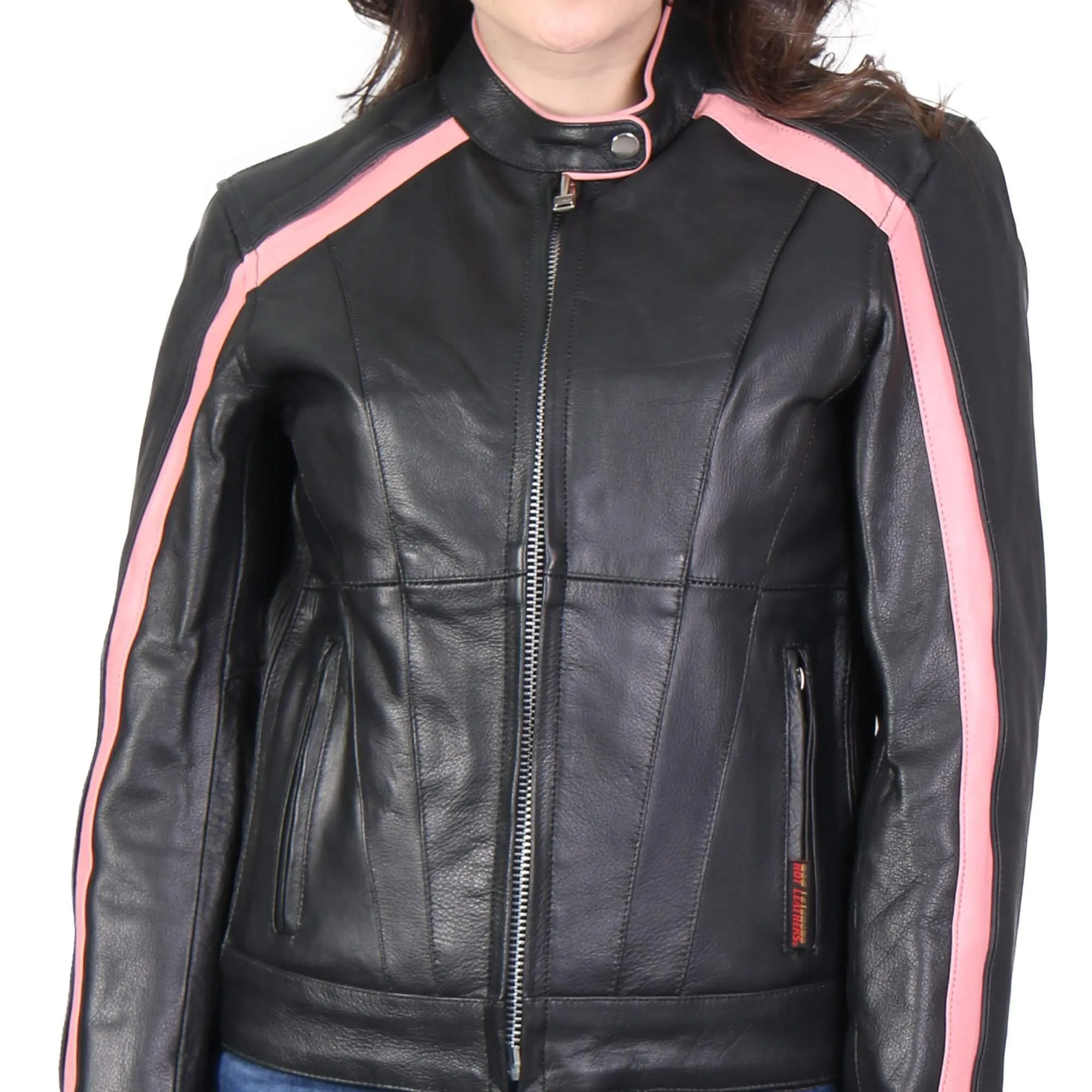 Pink Striped Leather Jacket with Reflective Piping, JKL1022-HL