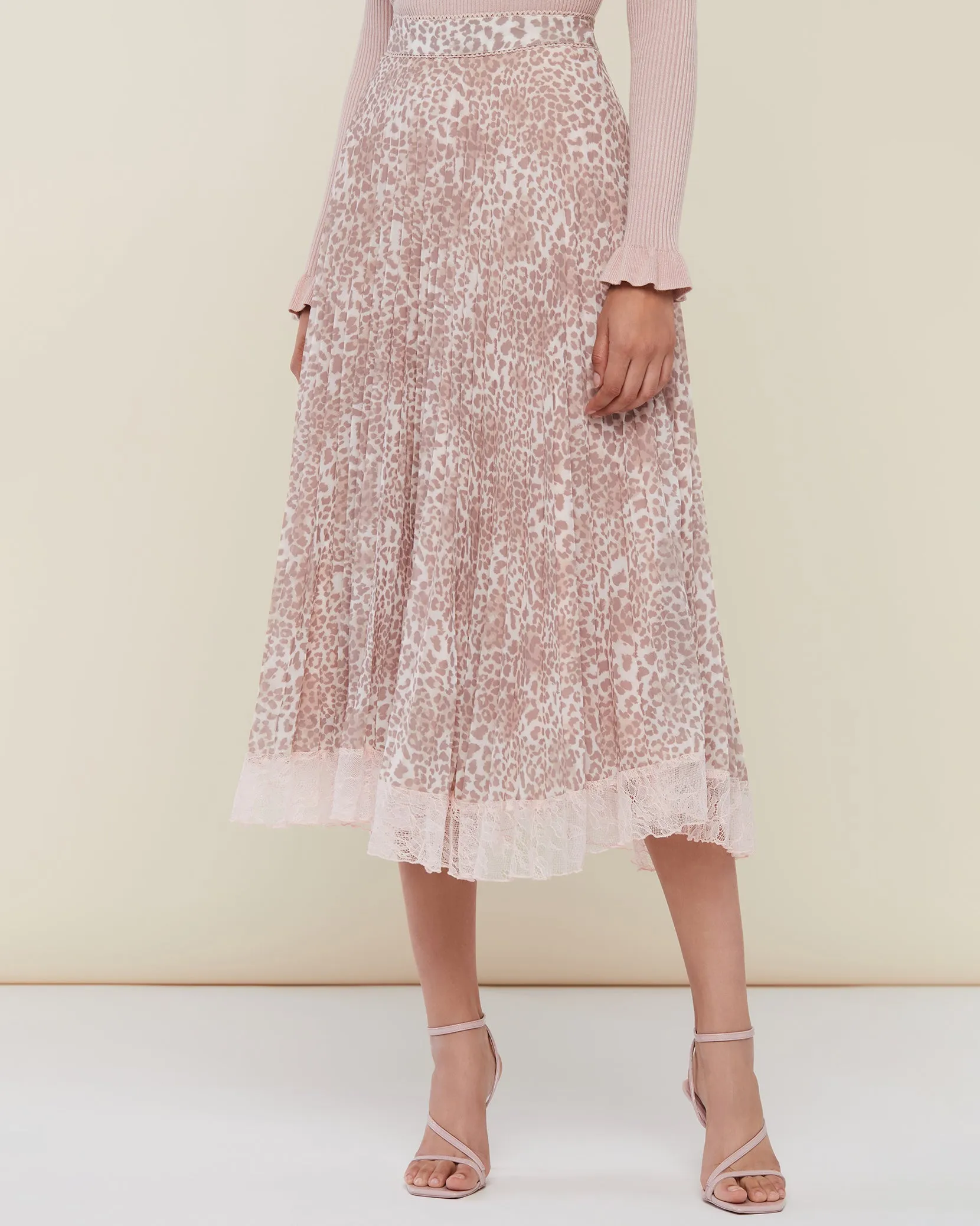 Pleated Lace Trim Midi Skirt