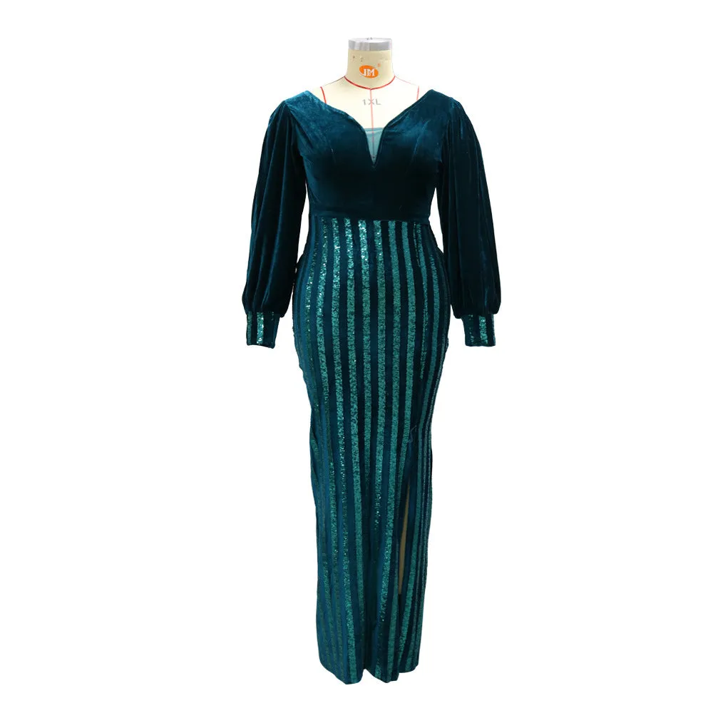 Plus Size Sexy Split Beaded Velvet Maxi Evening Dress