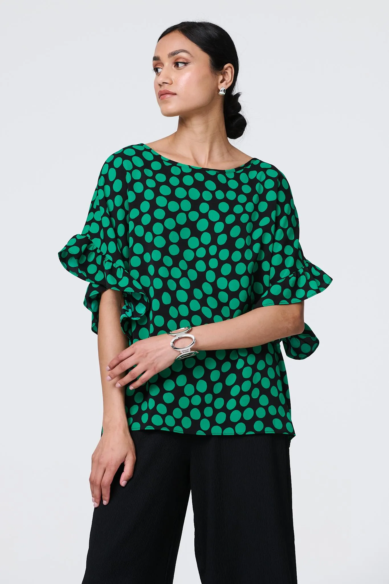 Polka Dot Frilled 1/2 Sleeve Blouse