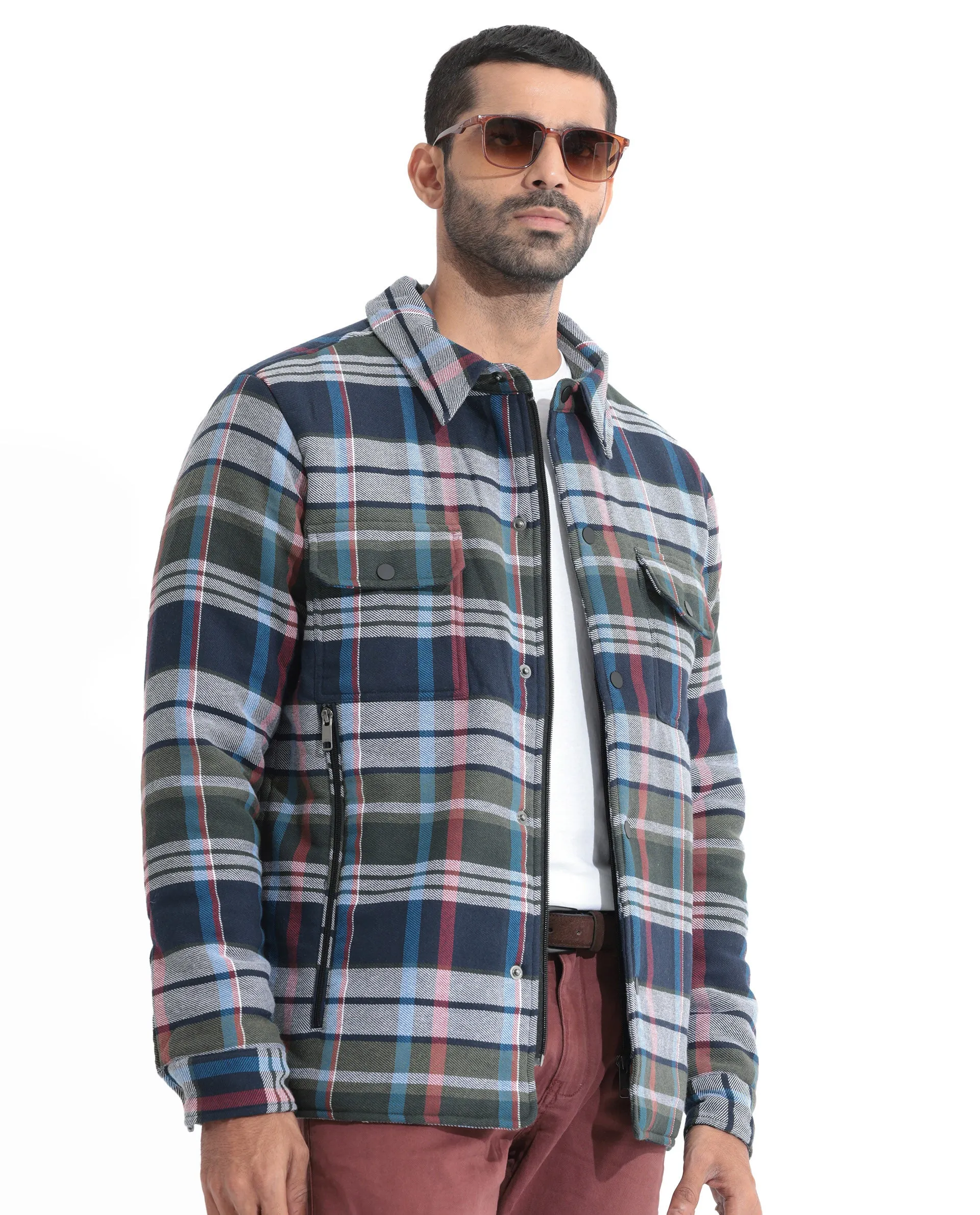 Rare Rabbit Men's Hollis Blue Regular Collar Checks Shacket