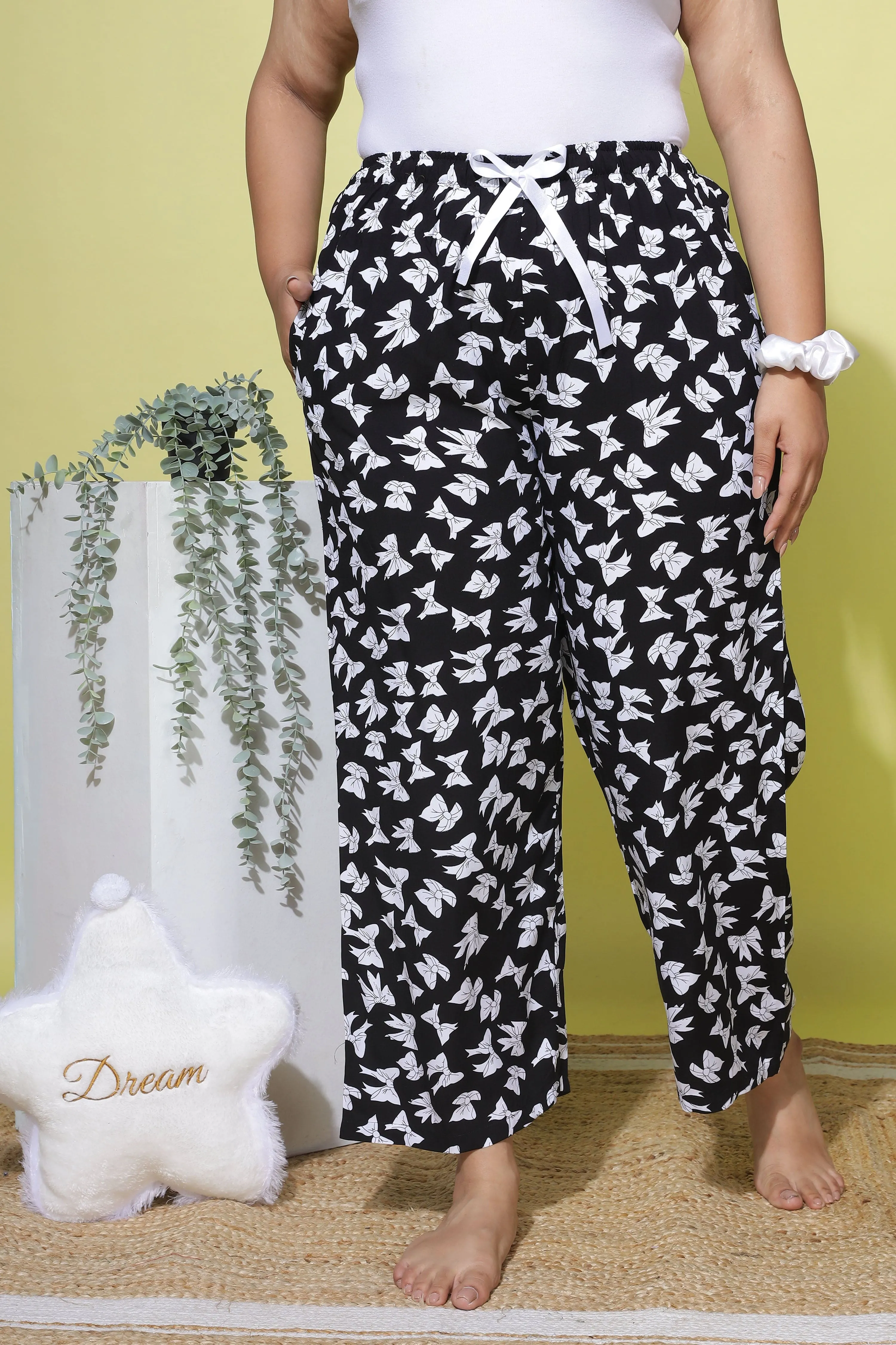 Rayon Plus Size Palazzo Pants Ribbon Black