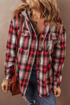 Red Plaid Print Chest Pocket Button Hooded Shacket