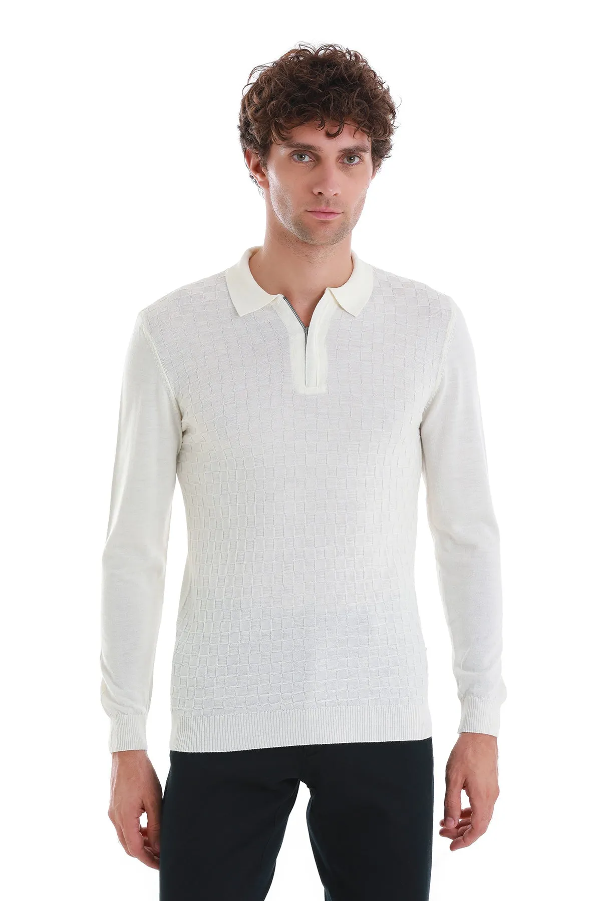 Regular Fit Ecru Wool Blend Polo Sweater