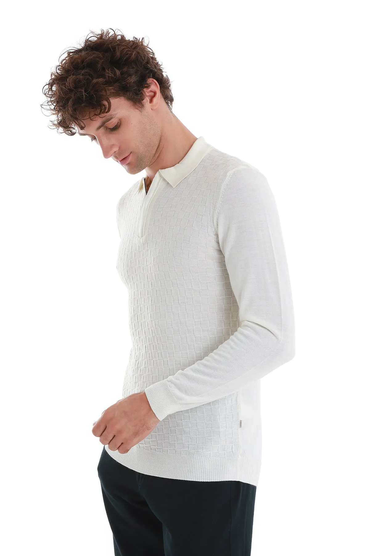 Regular Fit Ecru Wool Blend Polo Sweater