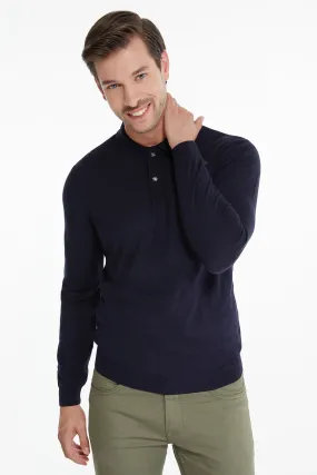 Regular Fit Plain Cotton Blend Navy Polo Sweater