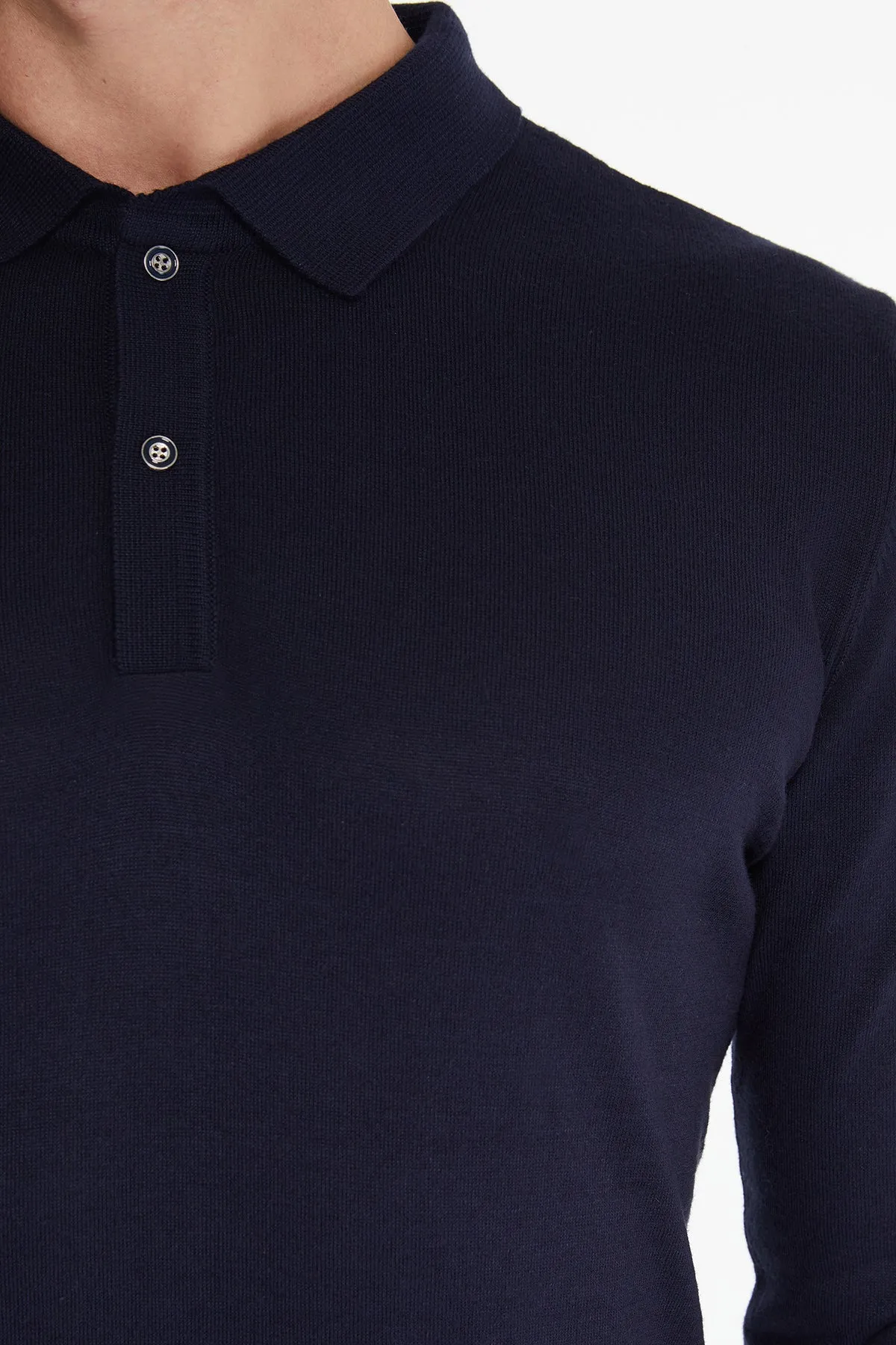 Regular Fit Plain Cotton Blend Navy Polo Sweater