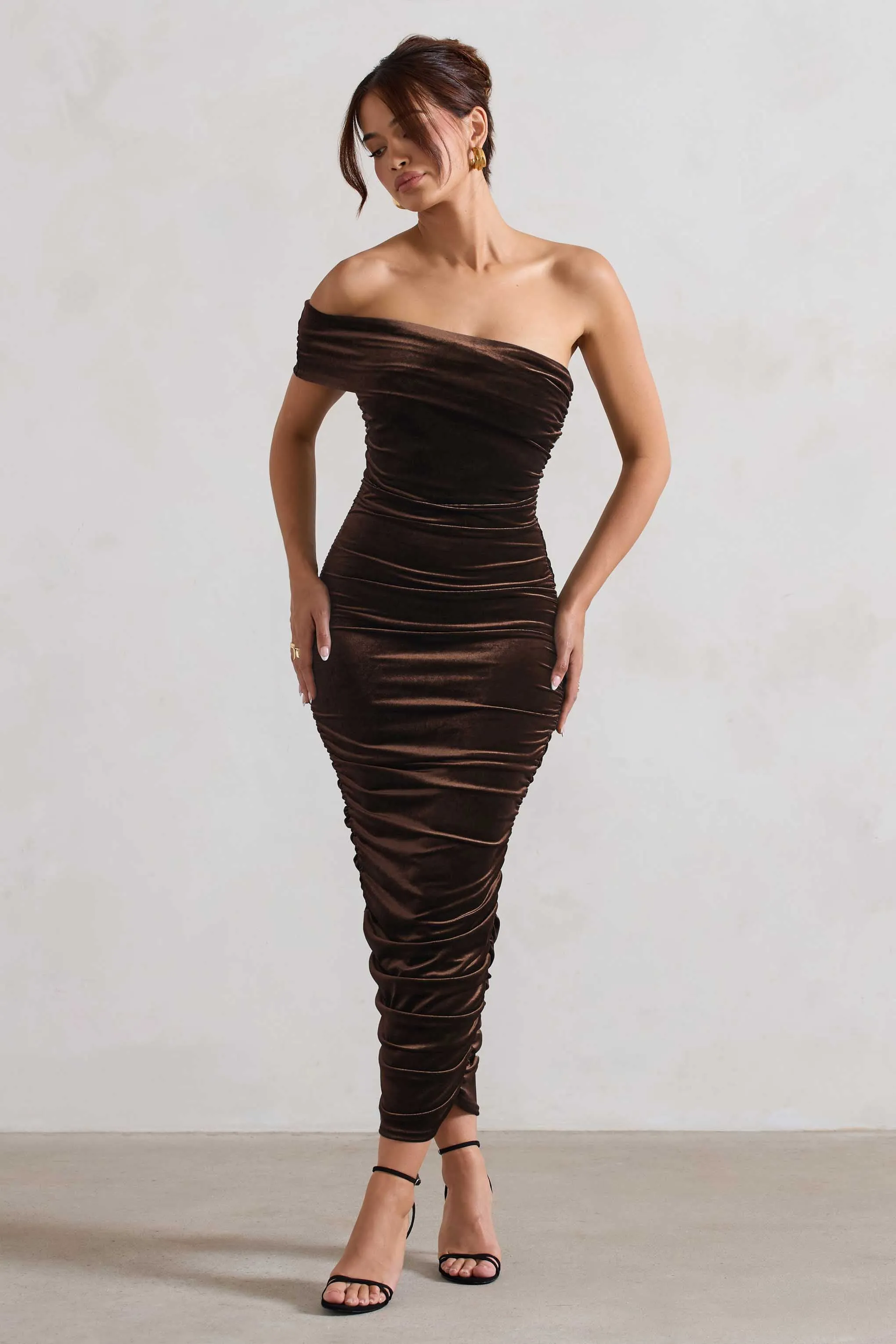 Remember Me | Chocolate Velvet Ruched Asymmetric Bodycon Midi Dress