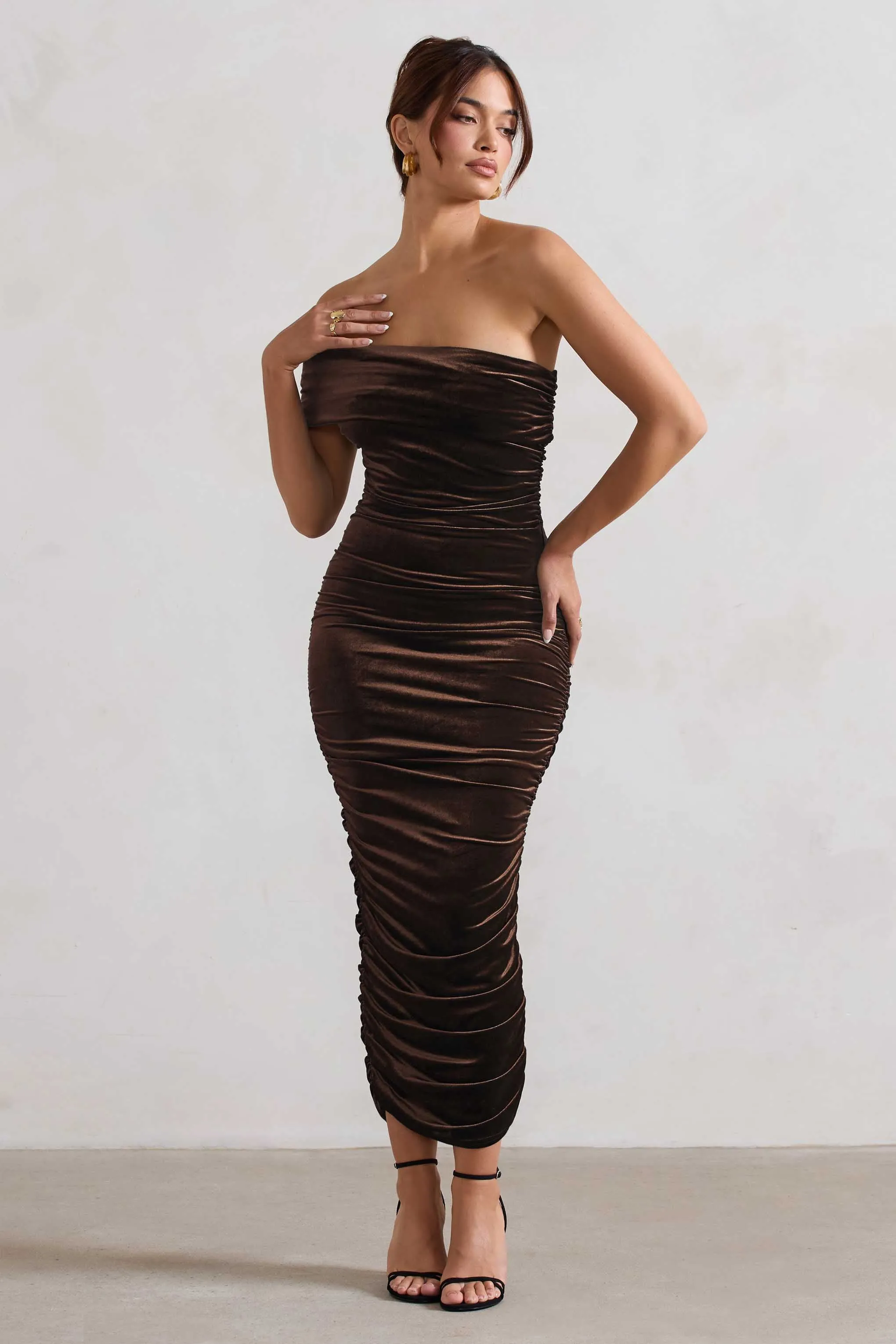 Remember Me | Chocolate Velvet Ruched Asymmetric Bodycon Midi Dress