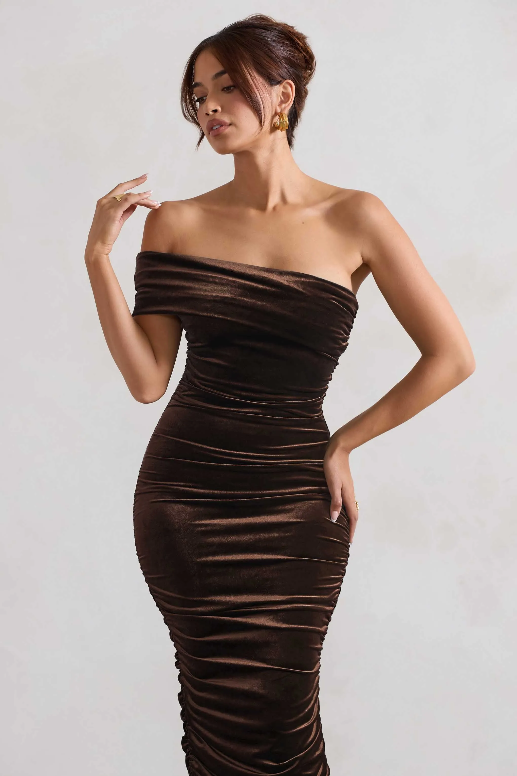 Remember Me | Chocolate Velvet Ruched Asymmetric Bodycon Midi Dress