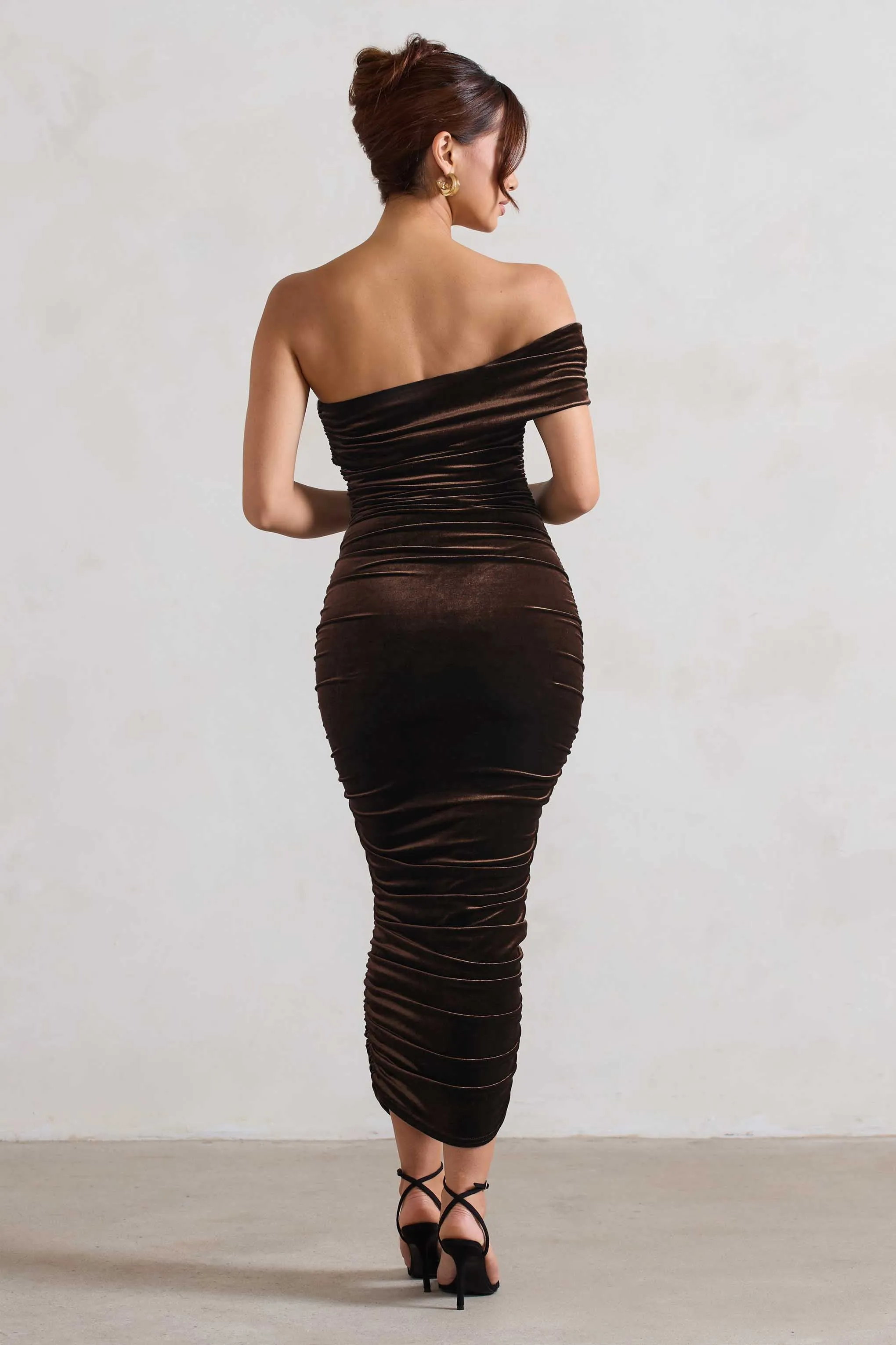 Remember Me | Chocolate Velvet Ruched Asymmetric Bodycon Midi Dress