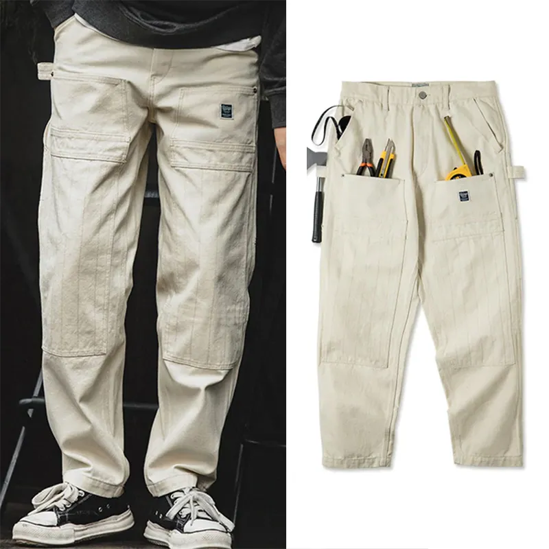 Retro Multi-pockets Workwear Beige Pants