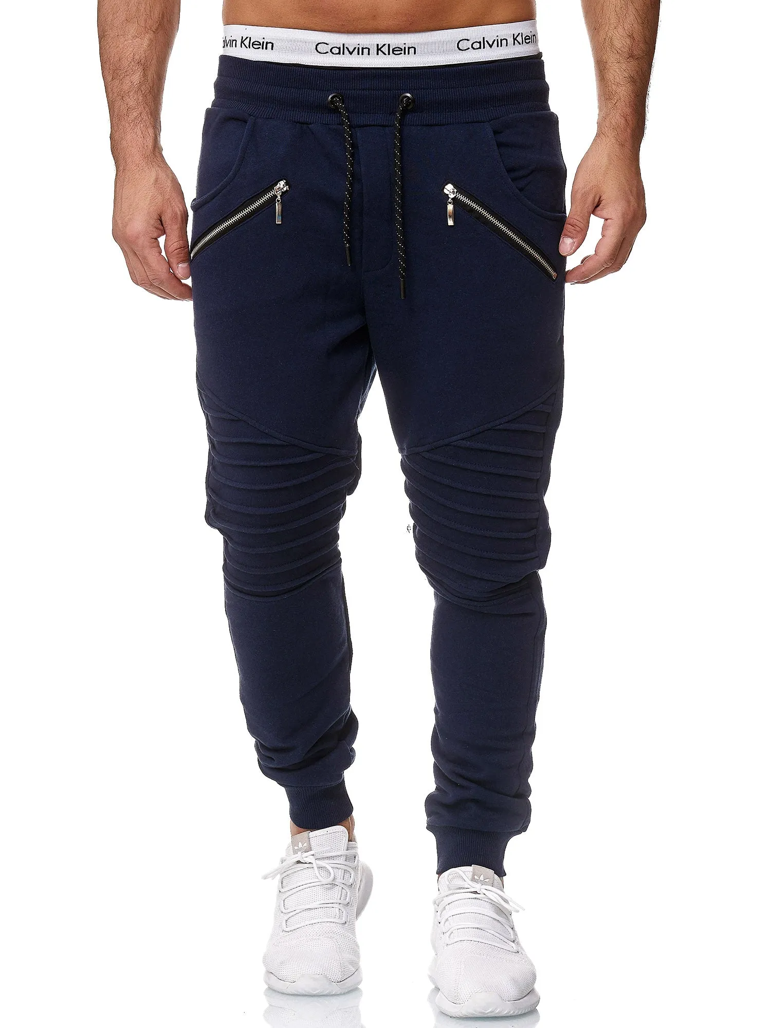 Ribbed Zipper Sweatpants Joggers - Navy Blue X2C