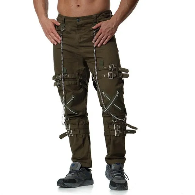 Rocker Style Multi Zippers with Chain Men Cargo Pants