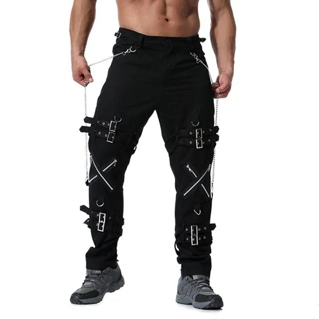 Rocker Style Multi Zippers with Chain Men Cargo Pants