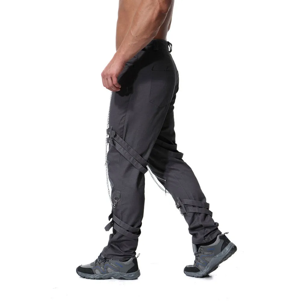 Rocker Style Multi Zippers with Chain Men Cargo Pants