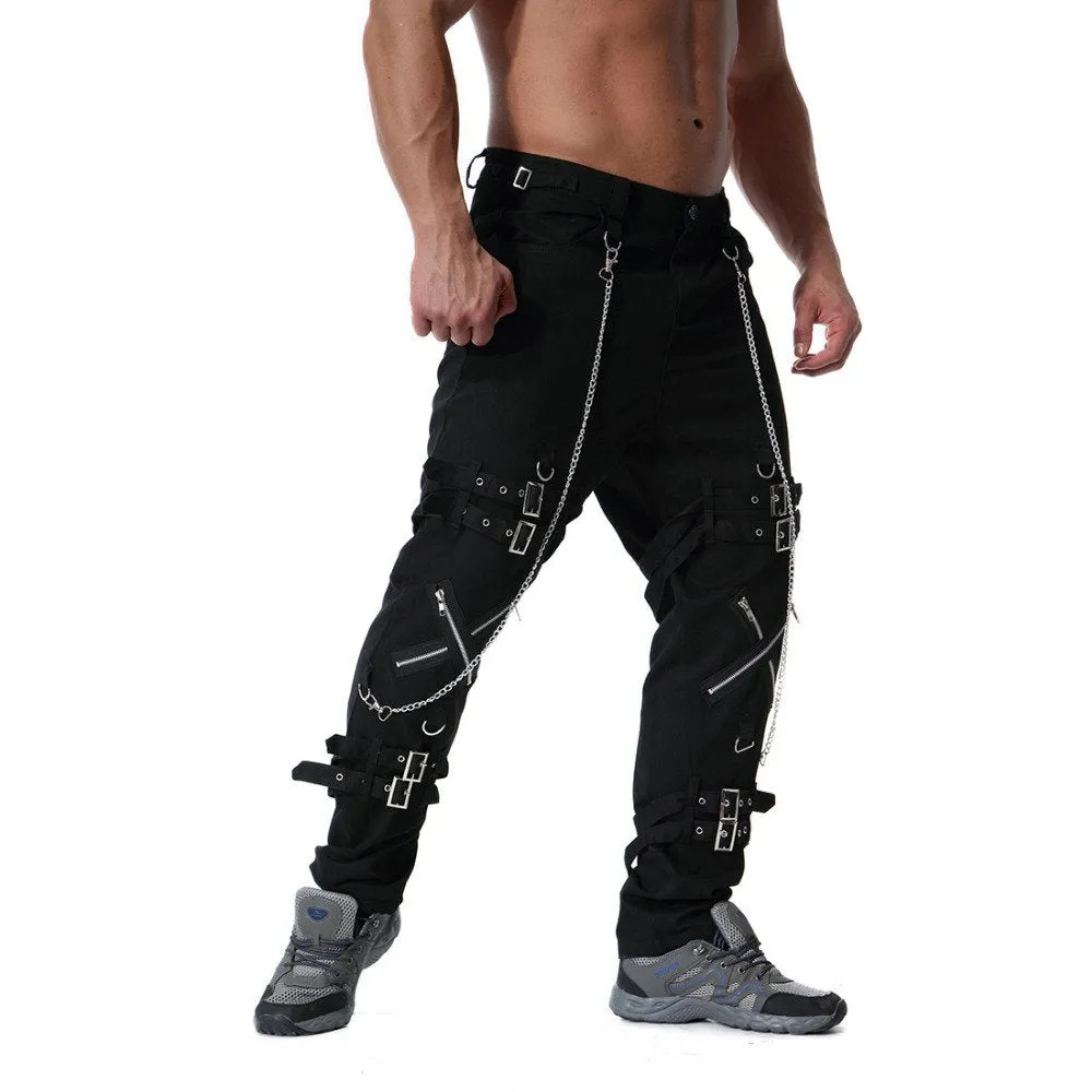 Rocker Style Multi Zippers with Chain Men Cargo Pants