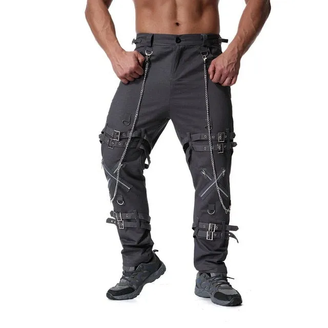 Rocker Style Multi Zippers with Chain Men Cargo Pants