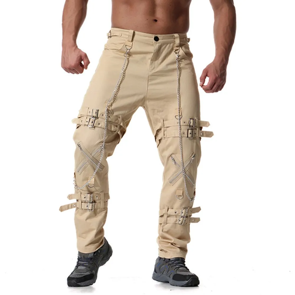 Rocker Style Multi Zippers with Chain Men Cargo Pants