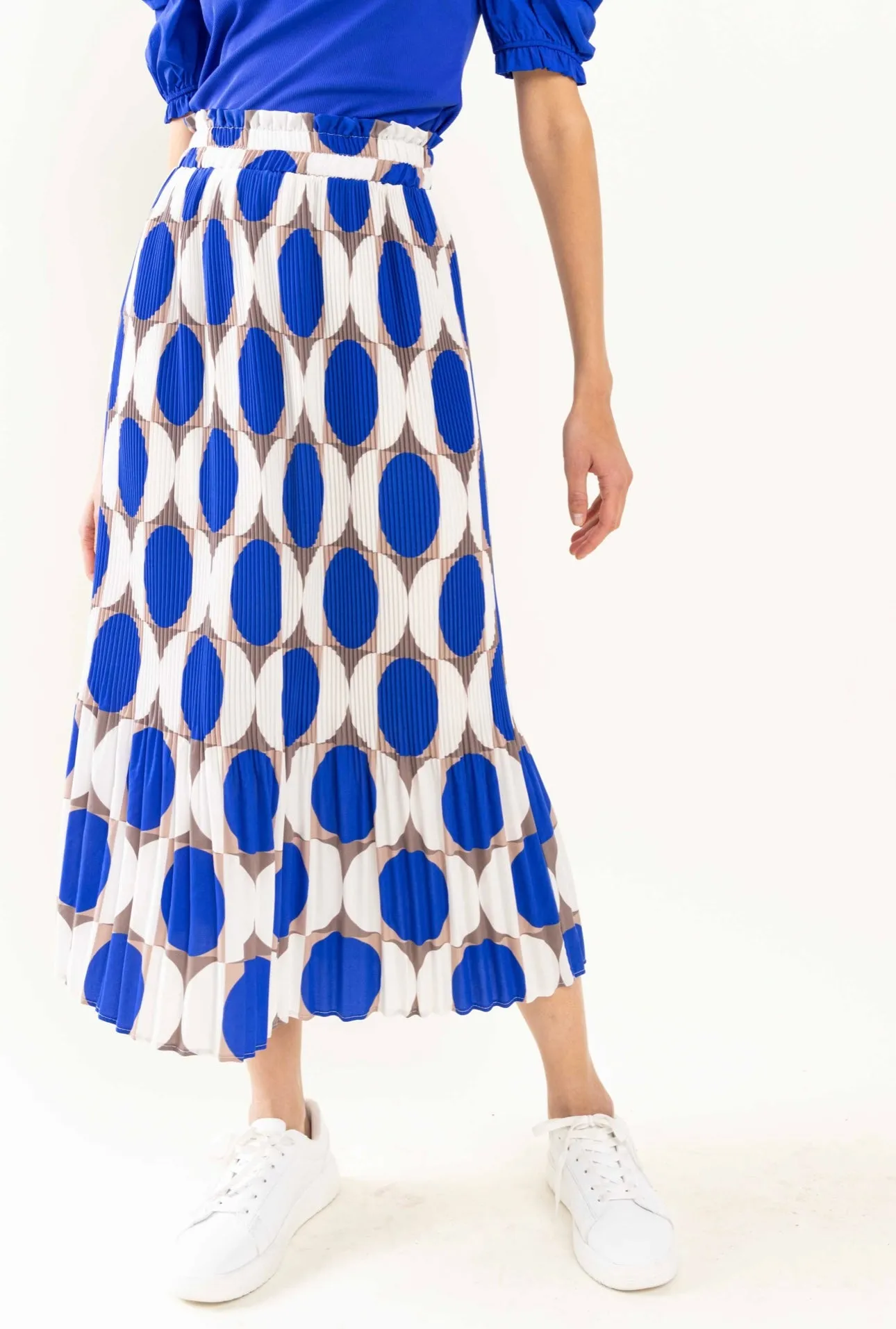 Royal Blue Geometric Pleated Long Midi Skirt