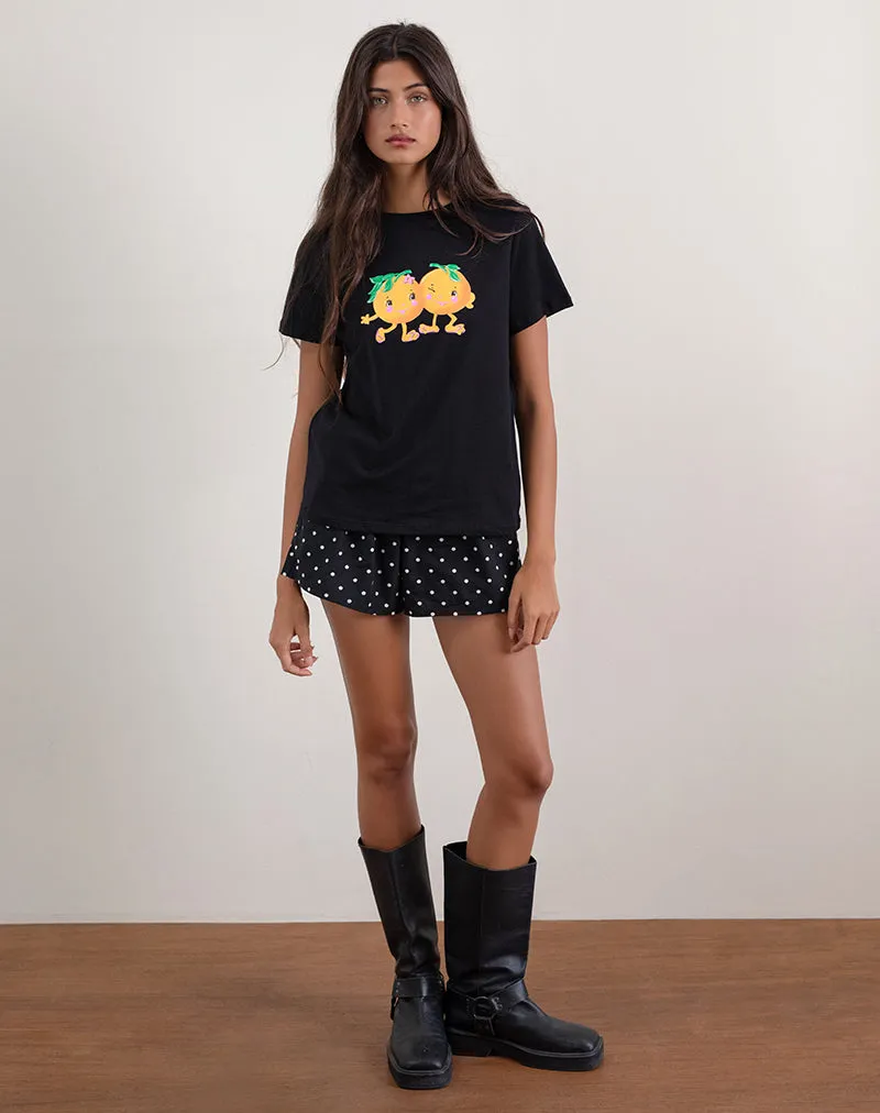 Saki Tee in Black with Printed Squeeze Me Orange