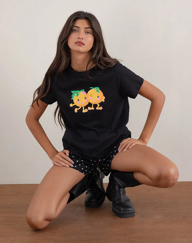 Saki Tee in Black with Printed Squeeze Me Orange