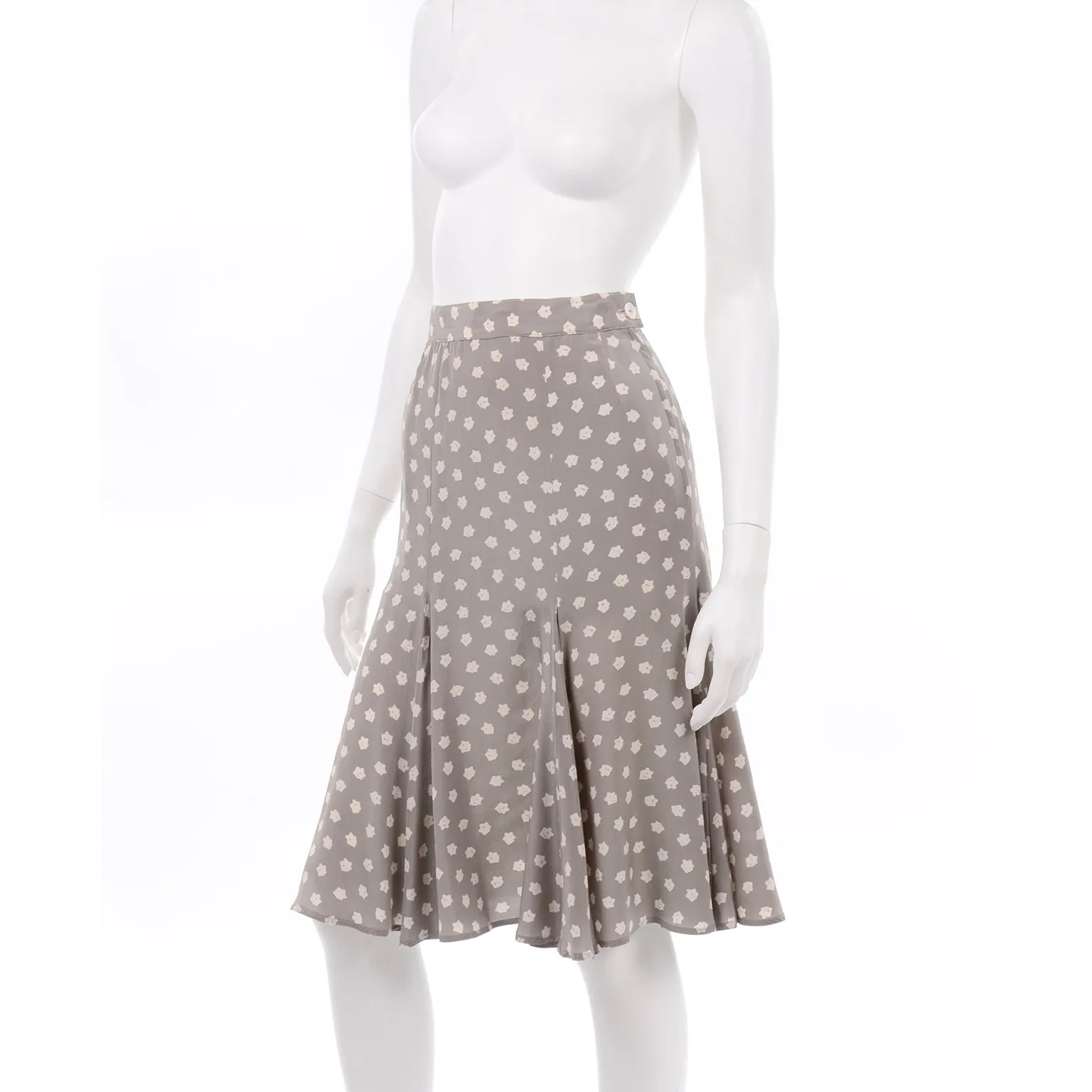 Salvatore Ferragamo Tan & Cream Floral Print Silk Pleated Skirt