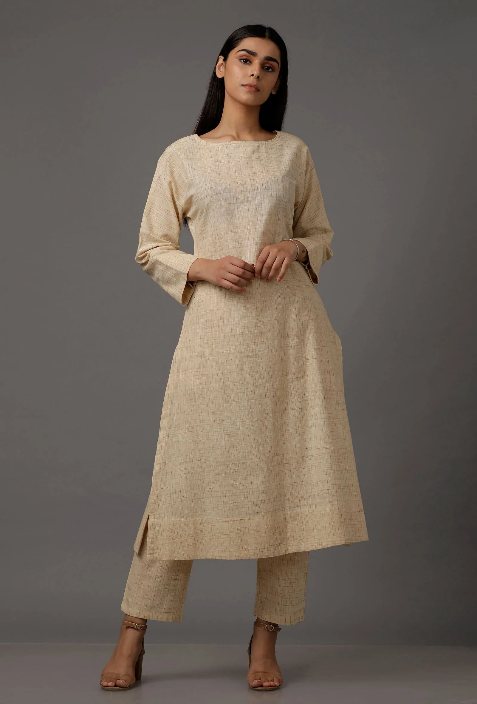 Set of 2: Cream White Pure Woven Cotton Kurta and Pants