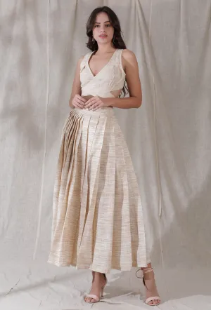 Set of 2- Ivory tan color khadi overlapped crop top with khadi pleated flared ankle length skirt