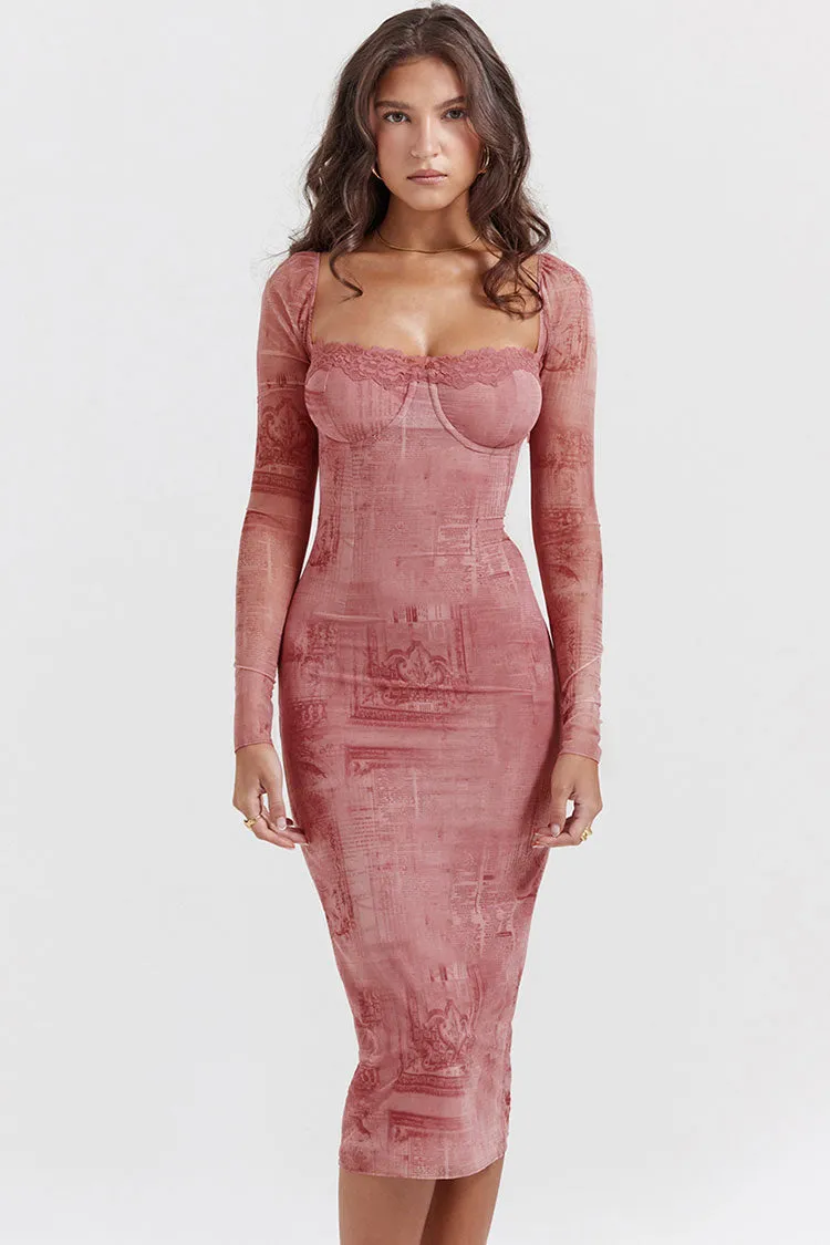 Sexy Sweetheart Lace Up Back Bodycon Printed Cocktail Party Midi Dress - Pink