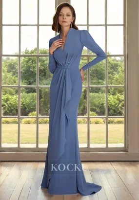 Simple & Casual V-Neck Long sleeves Mermaid Chiffon Cocktail Mother of the Bride Dress