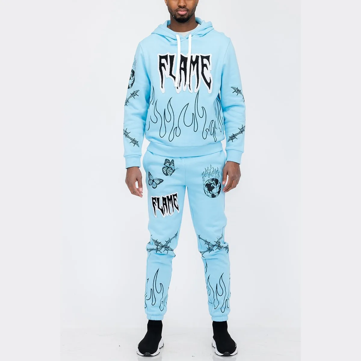 Sky Blue Chenille Flame Sweat Suit