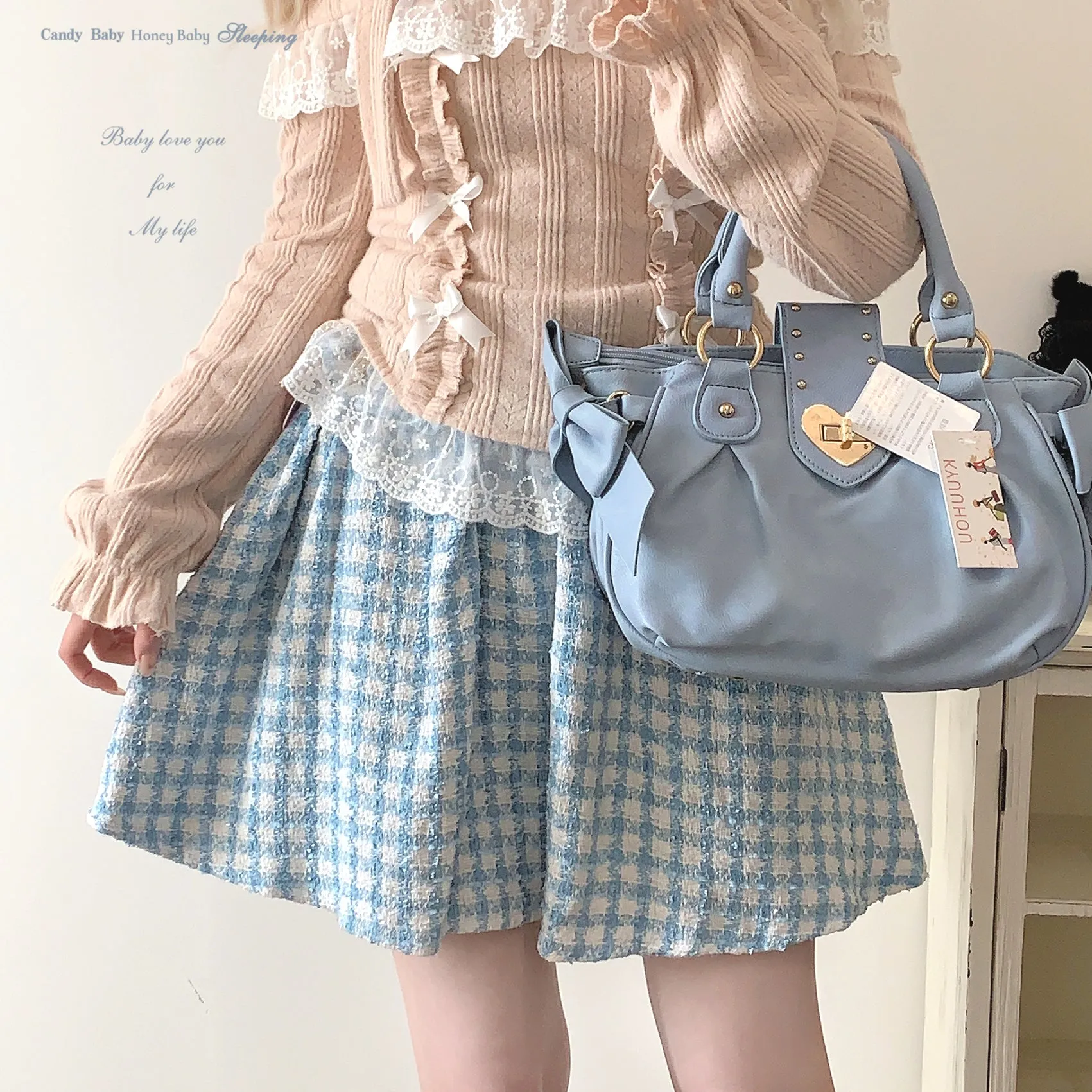 Sleepingdoll Mass-produced retro woolen plaid heart button skirt