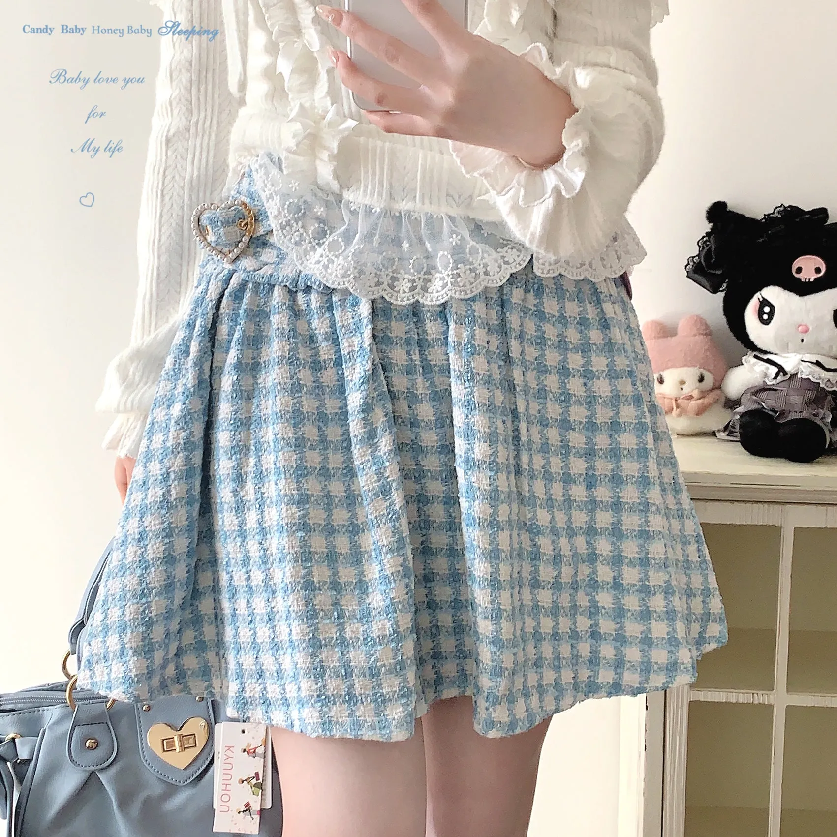 Sleepingdoll Mass-produced retro woolen plaid heart button skirt