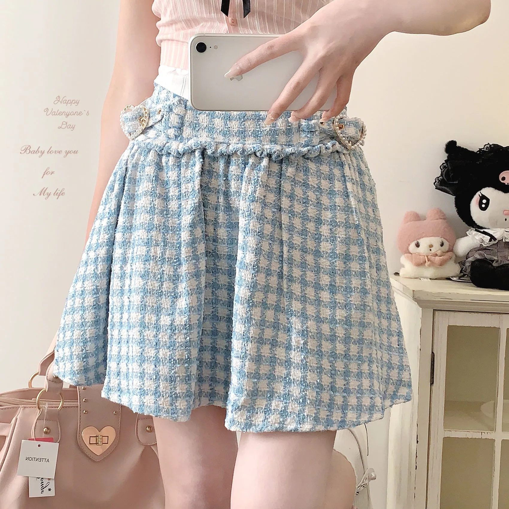 Sleepingdoll Mass-produced retro woolen plaid heart button skirt