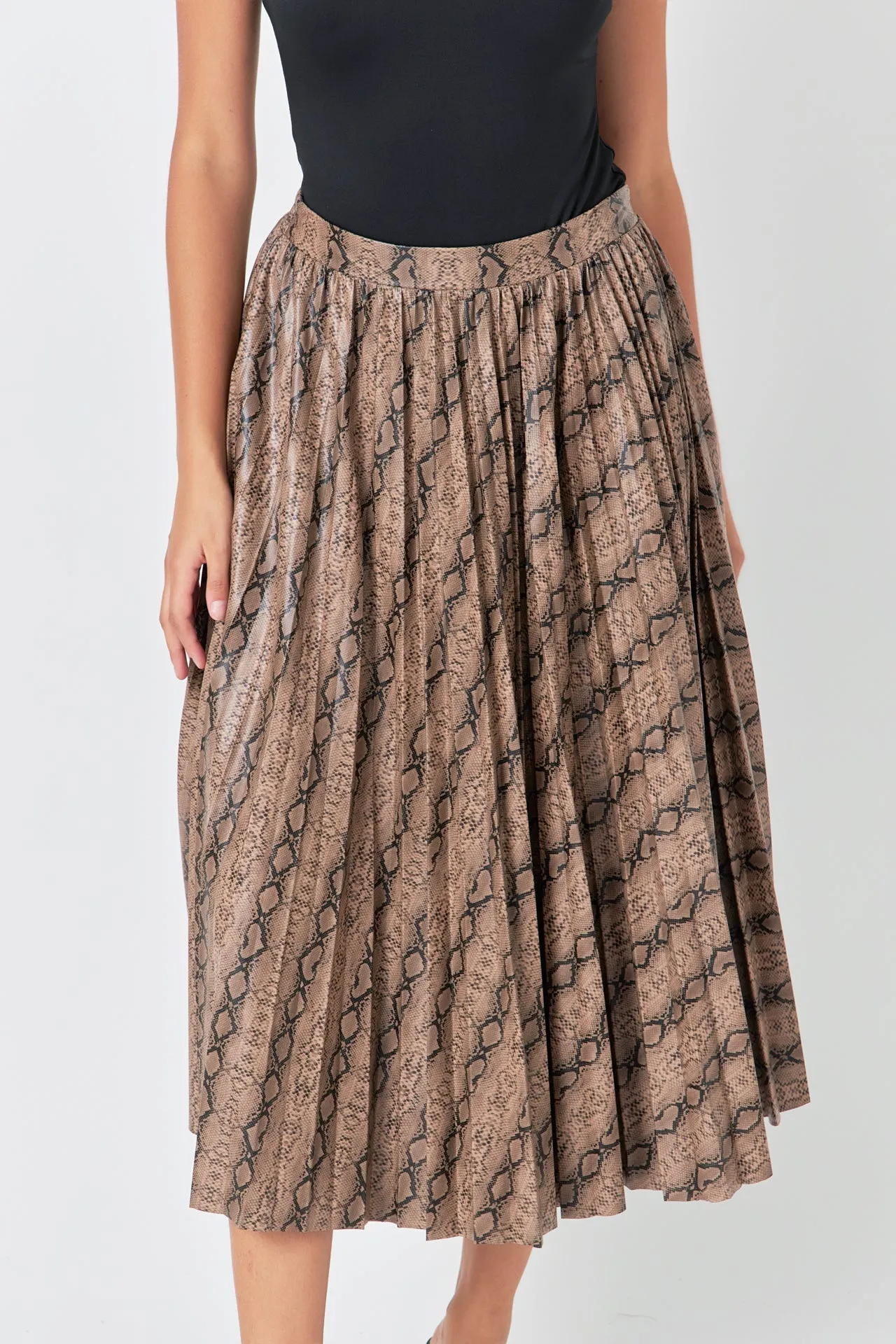 Snake Print Pleated Midi Skirt