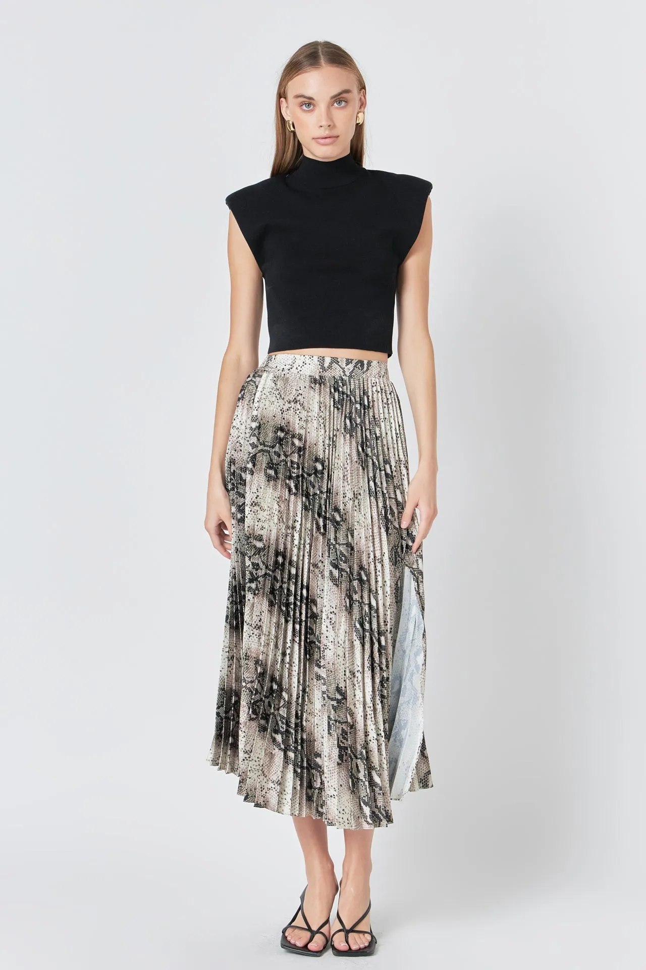 Snakeskin Pleated Midi Skirt