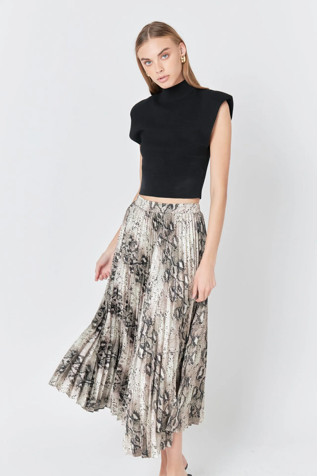 Snakeskin Pleated Midi Skirt