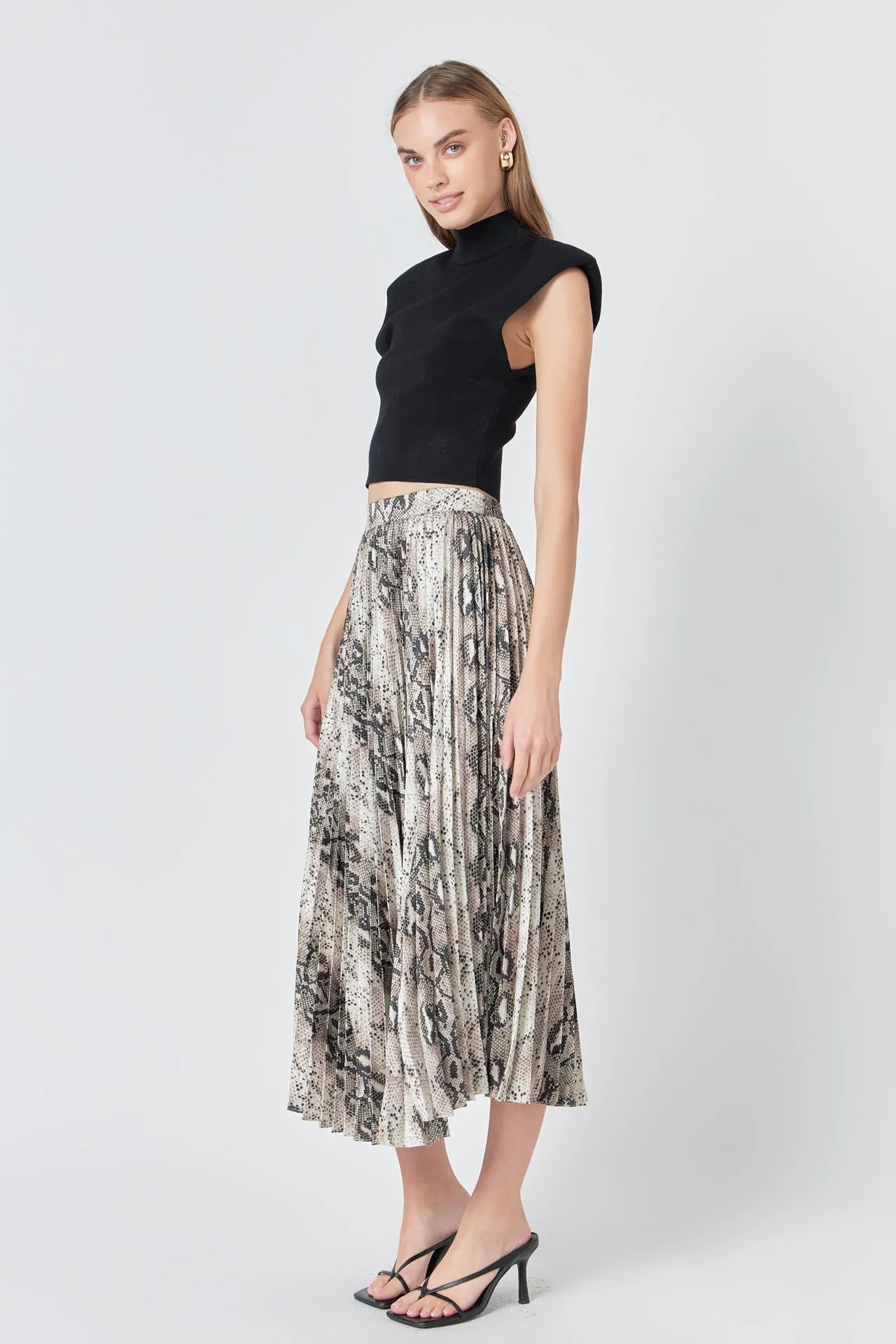 Snakeskin Pleated Midi Skirt