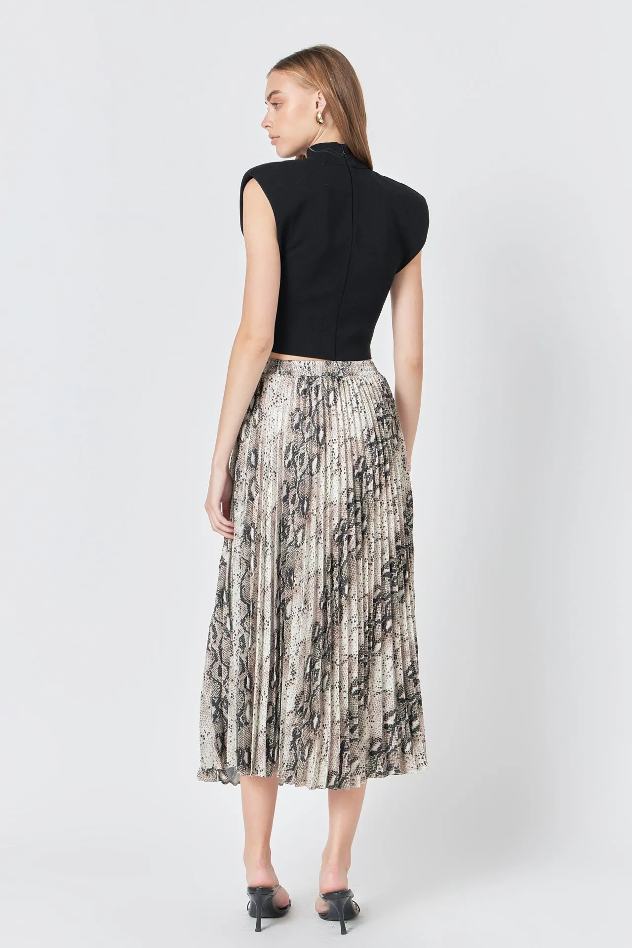 Snakeskin Pleated Midi Skirt