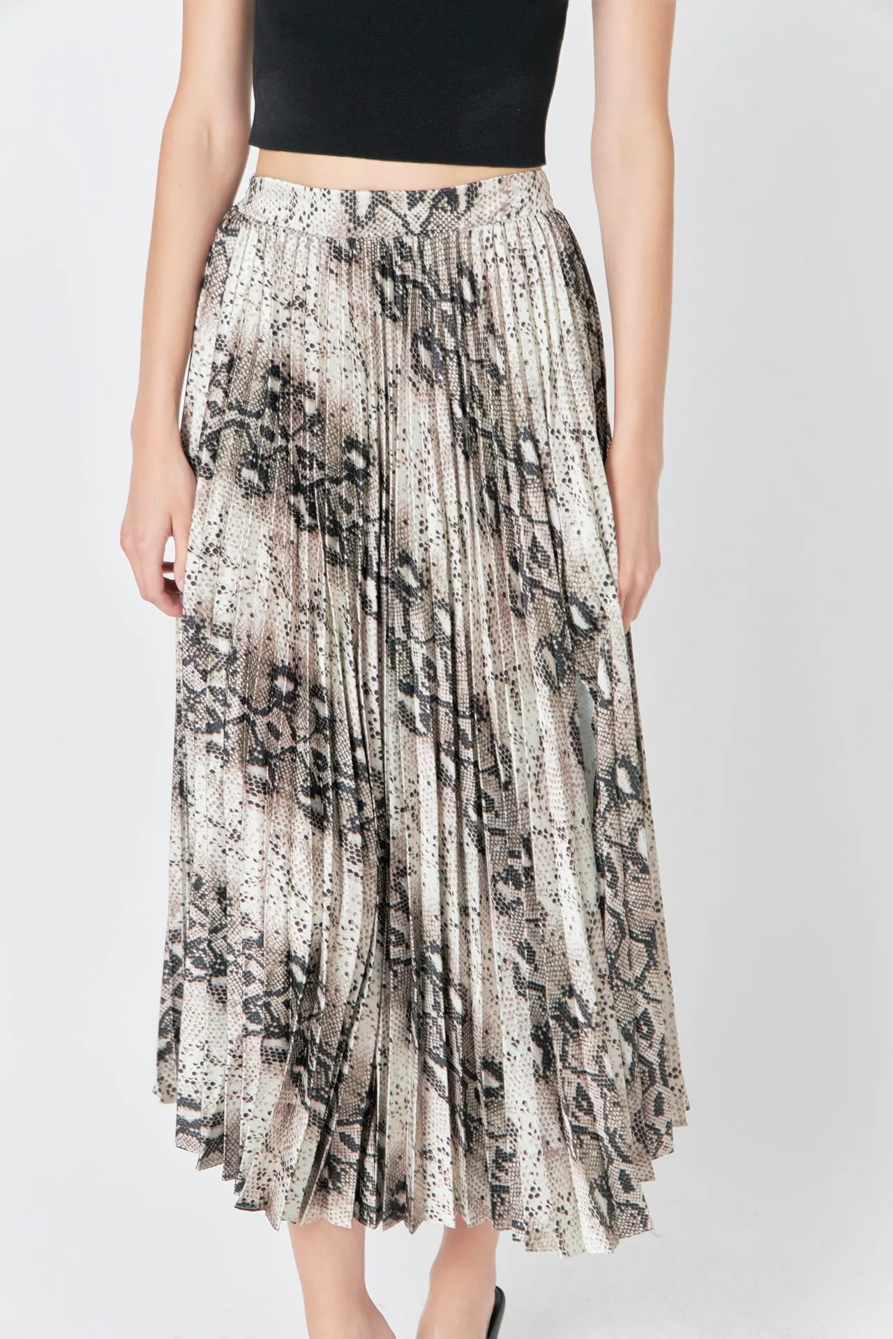 Snakeskin Pleated Midi Skirt