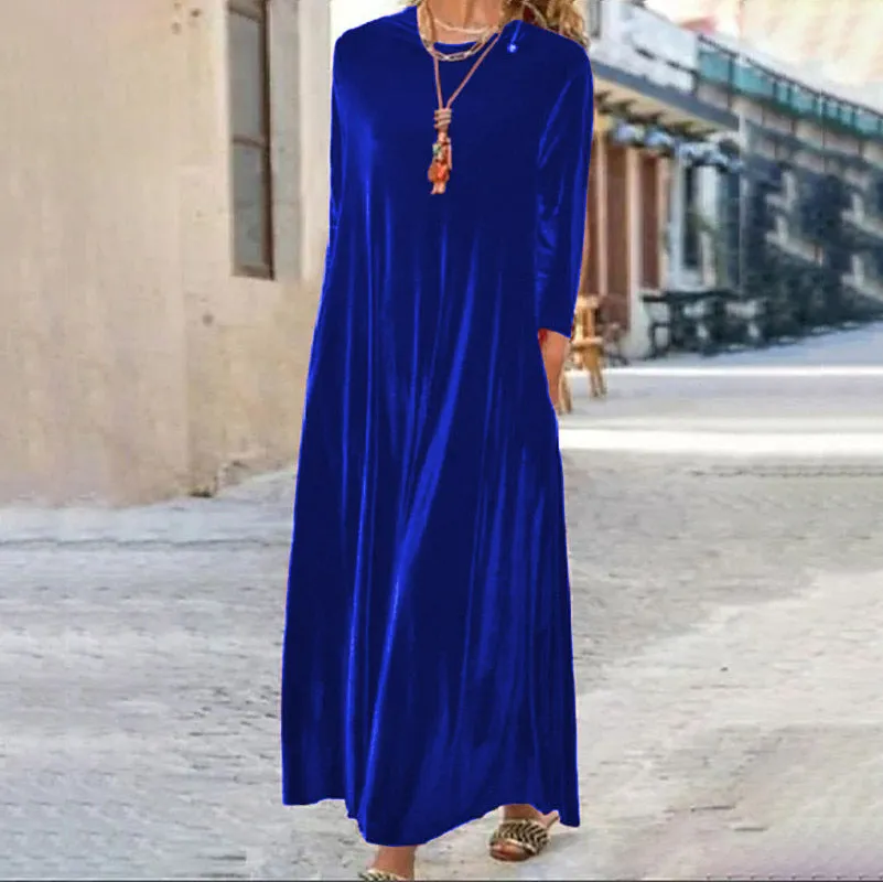 Spring Gold Velvet Slimming Crew Neck Maxi Dress